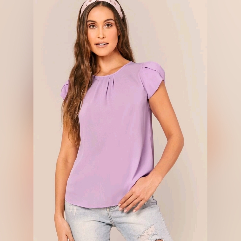 SHEIN Petal Sleeve Solid Top - Lavender, Size XS